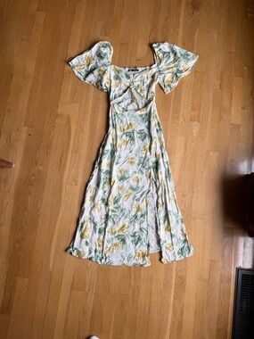 Zara Floral Puff-Sleeve Midi Dress in White, Green & Yellow